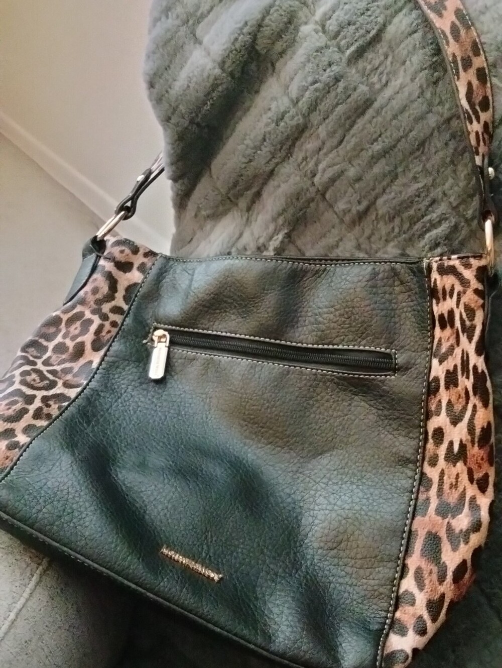 Black Faux Leather Shoulder Bag with Leopard Accent